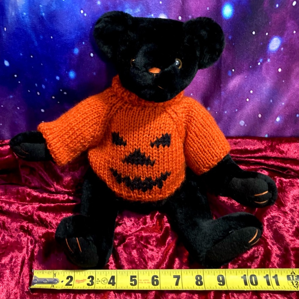 Vintage 1997 Ganz Black Plush Teddy Bear 🎃Pumpkin Sweater Halloween Collectible